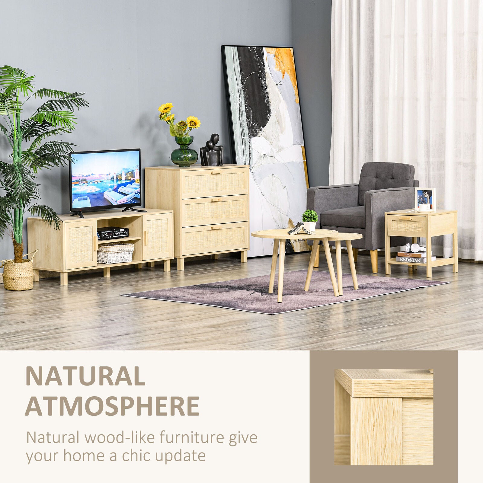 Bedside Table Nightstand W/ Rattan Drawer Storage Shelf Bedroom Living Room