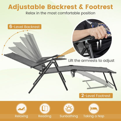 Patio Folding Chaise Lounge Chairs with 6-Level Backrest and Solid Metal Frame