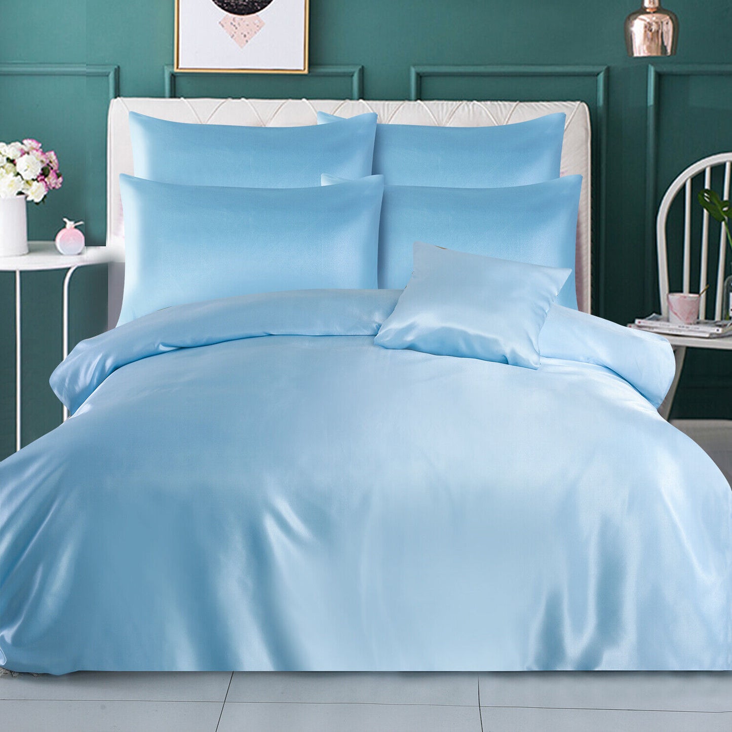 ROOEE 6PCS Satin Silk Complete Bedding Set Fitted Sheet Duvet Cover Pillow Cases