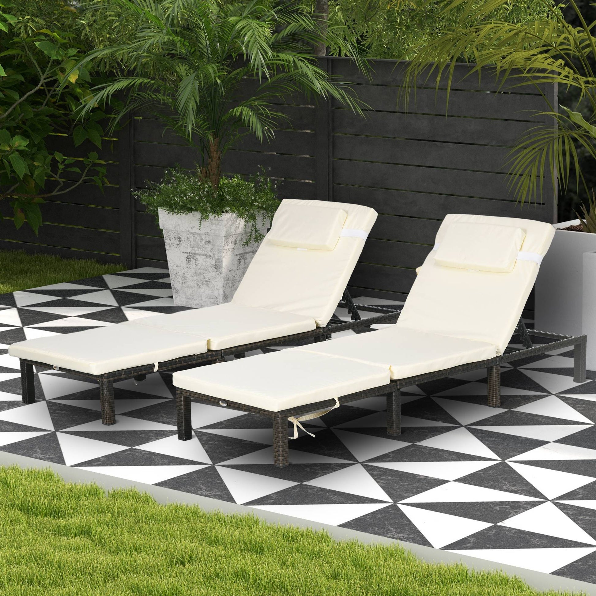 Rattan Sun Loungers Set of 2 W/ 5-Level Adjustable Backrest Headrest