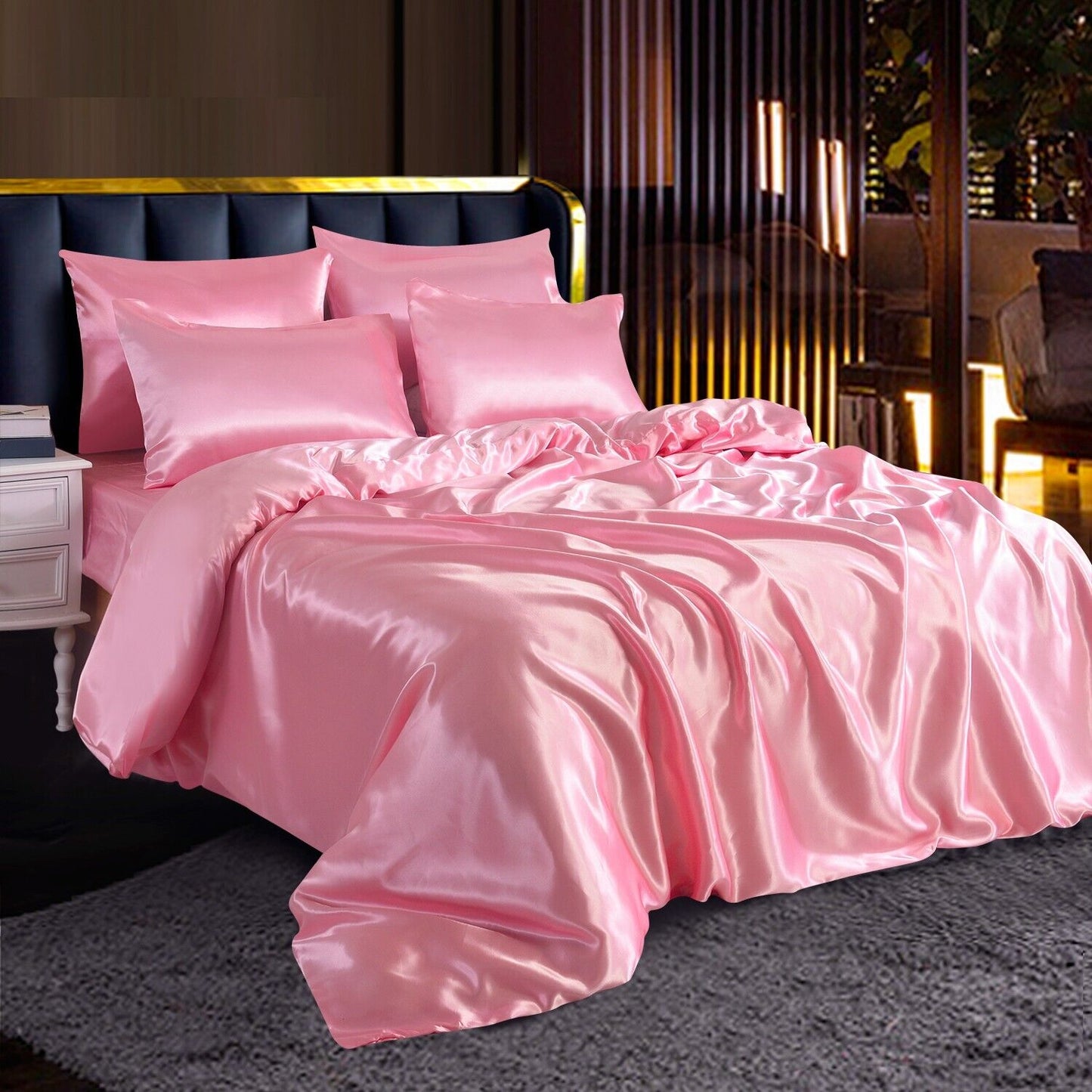ROOEE 6PCS Satin Silk Complete Bedding Set Fitted Sheet Duvet Cover Pillow Cases