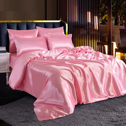 ROOEE 6PCS Satin Silk Complete Bedding Set Fitted Sheet Duvet Cover Pillow Cases
