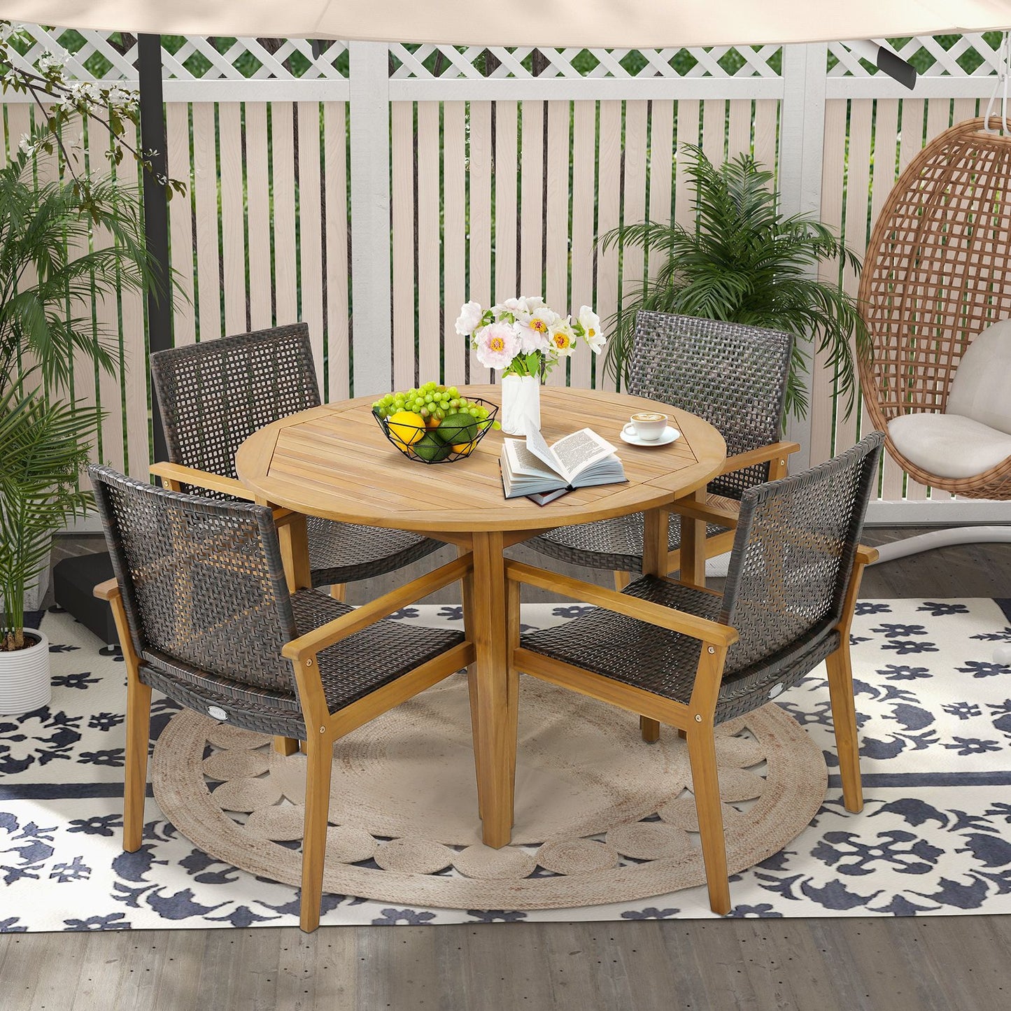 Outdoor Acacia Wood and PE Wicker Chairs with Armrests