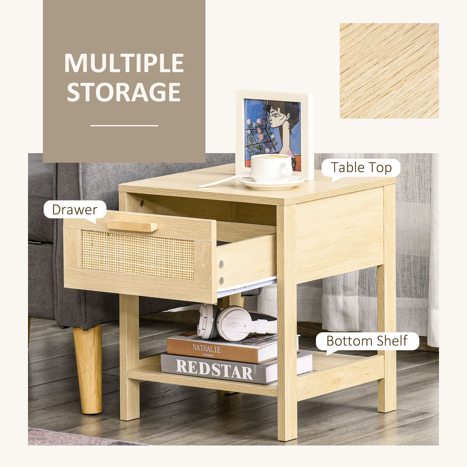 Bedside Table Nightstand W/ Rattan Drawer Storage Shelf Bedroom Living Room