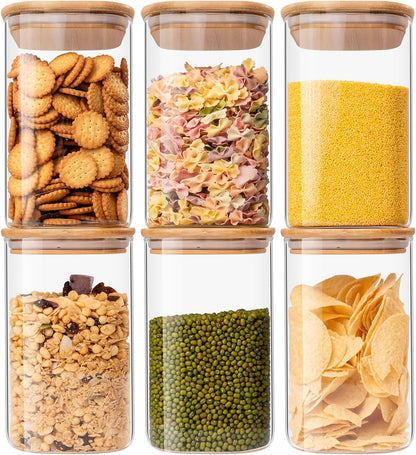 Glass Food Storage Jars 37 Oz Set of 6,Glass Storage Containers Clear Glass Food Canister with Bamboo Lid Airtight for Serving Tea, Coffee, Flour, Sugar, Candy, Cookie, Spice and More (Square)