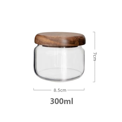 Transparent Food Storage Container Jar Acacia Wood round Tea Jar Dried Fruit Snacks Kitchen Glass Sealed Storage Jar