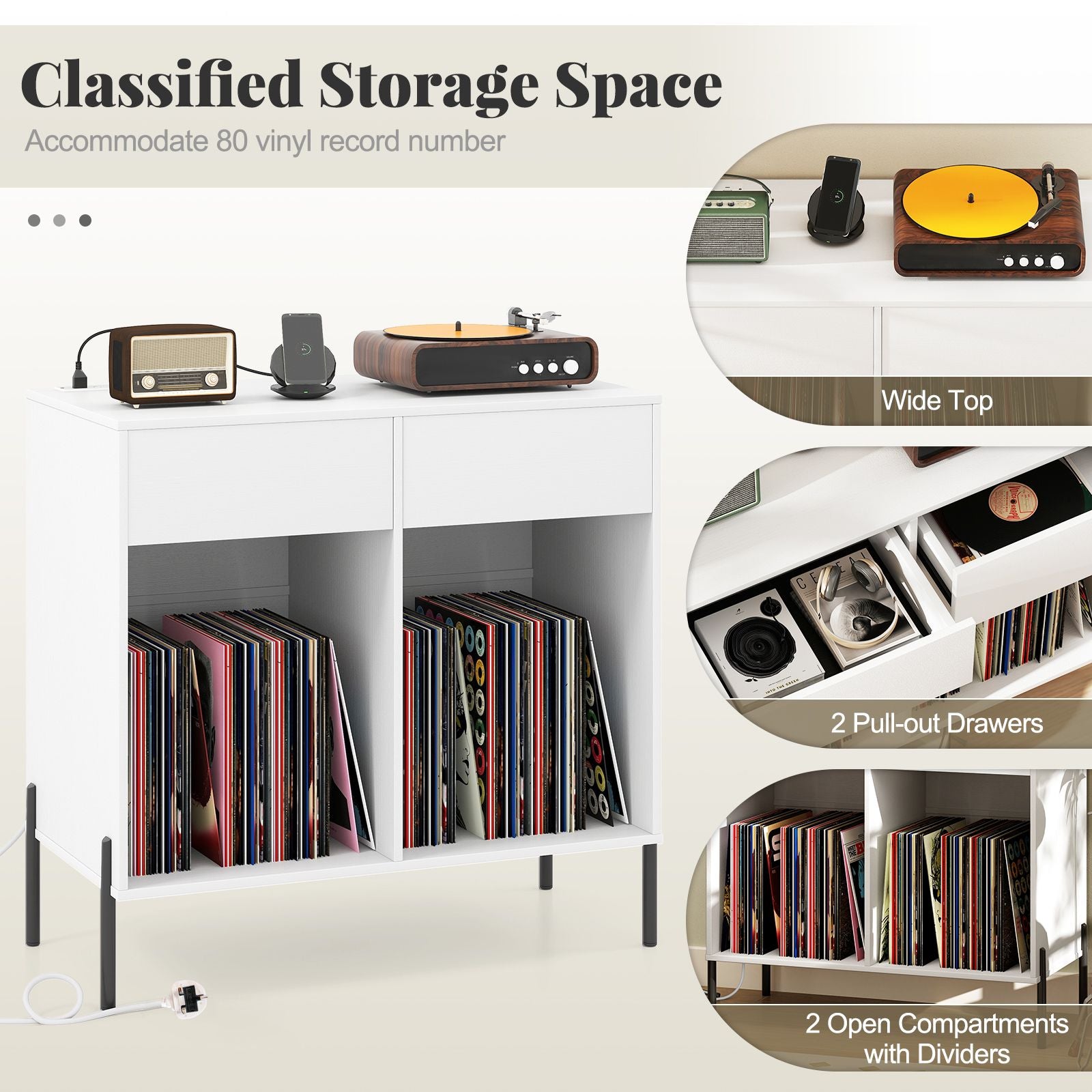 Record Player Stand with Power Outlets and Drawers for Living Room
