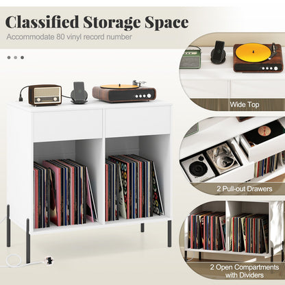 Record Player Stand with Power Outlets and Drawers for Living Room
