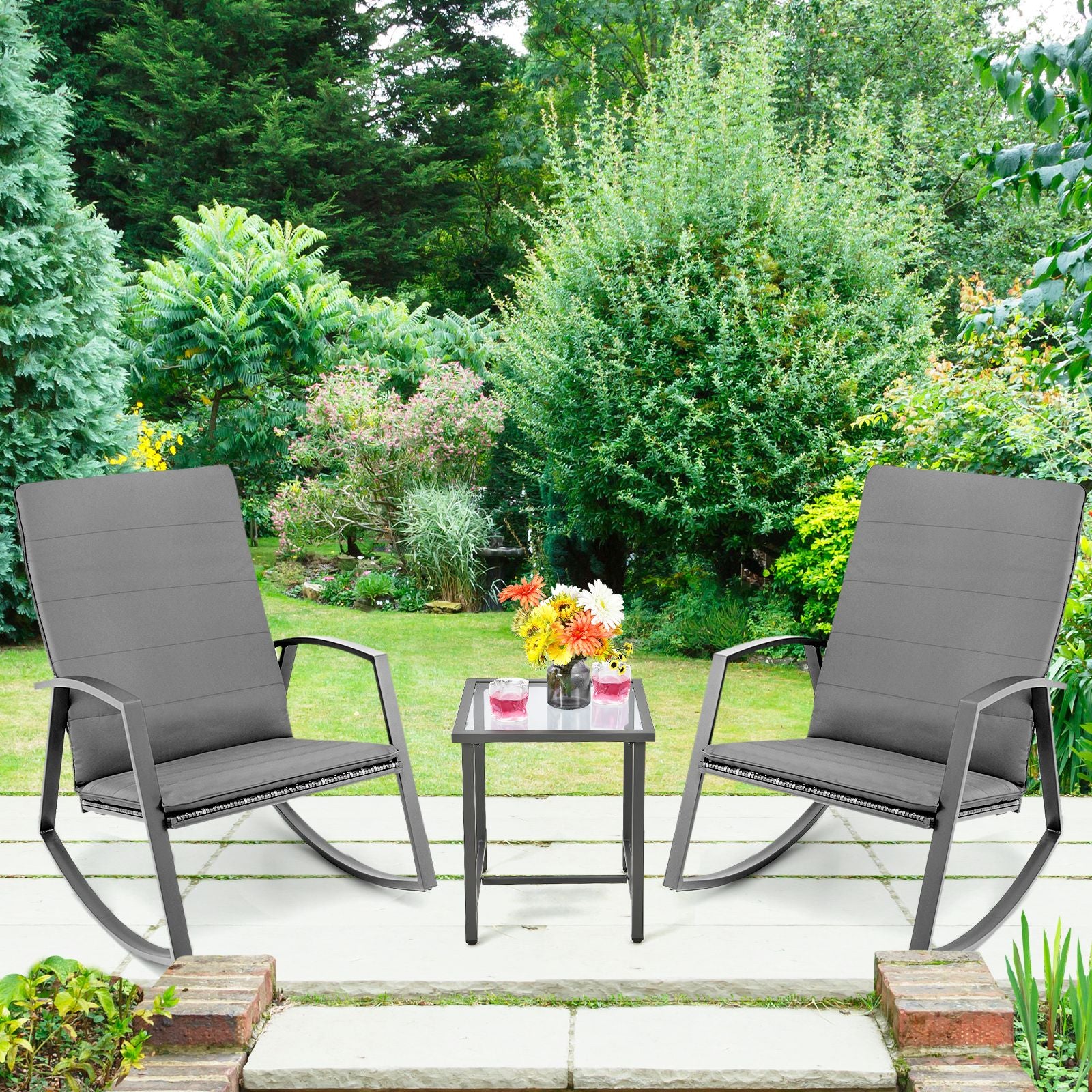 PE Rattan Rocking Chairs with Tempered Glass Side Table