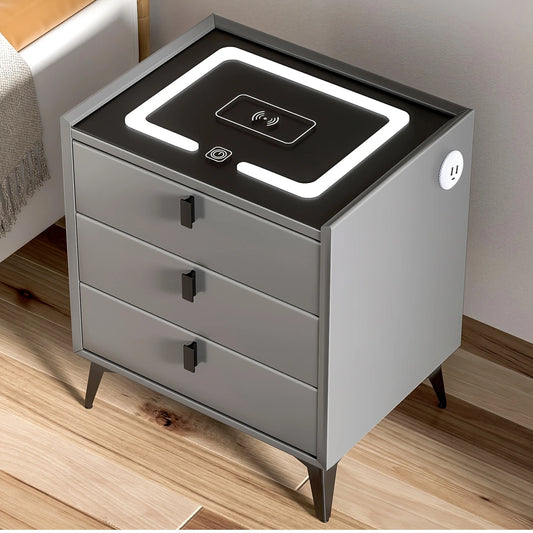 Smart Nightstand with Charging Station & LED Lights, Modern Side Table with Glass Top & 2 Drawers