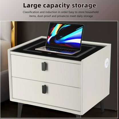 Smart Nightstand with Charging Station & LED Lights, Modern Side Table with Glass Top & 2 Drawers