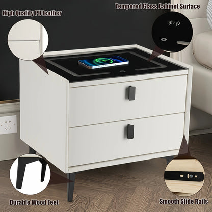 Smart Nightstand with Charging Station & LED Lights, Modern Side Table with Glass Top & 2 Drawers