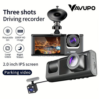Vavupo 1080P Triple Dash Cam - Front, Inside & Rear View, IR Night Vision