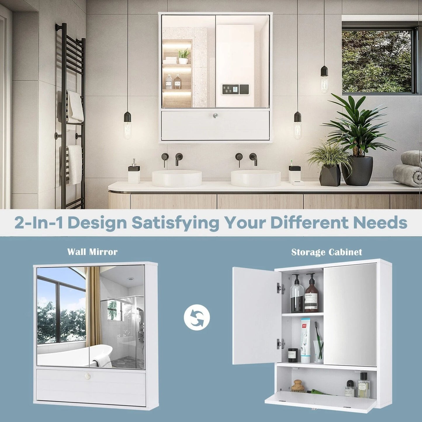 Wall-Mounted Bathroom Mirror Cabinet with Adjustable Shelf