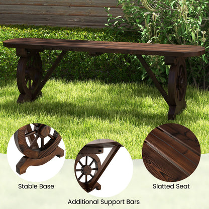 2-Seat Patio Wood Bench with Wagon Wheel Base and Slatted Seat