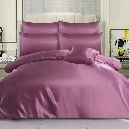 ROOEE 6PCS Satin Silk Complete Bedding Set Fitted Sheet Duvet Cover Pillow Cases