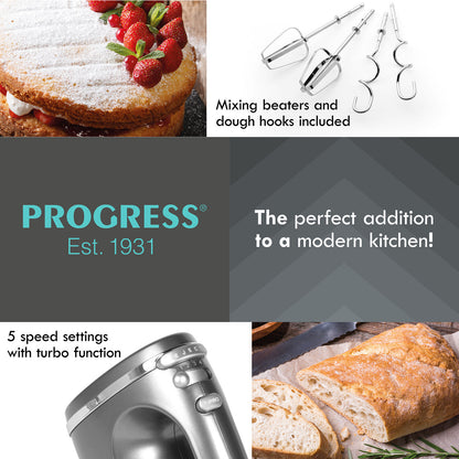 Progress Hand Mixer Electric Whisk & Dough Hooks Lunar 5 Speeds & Turbo 300 W