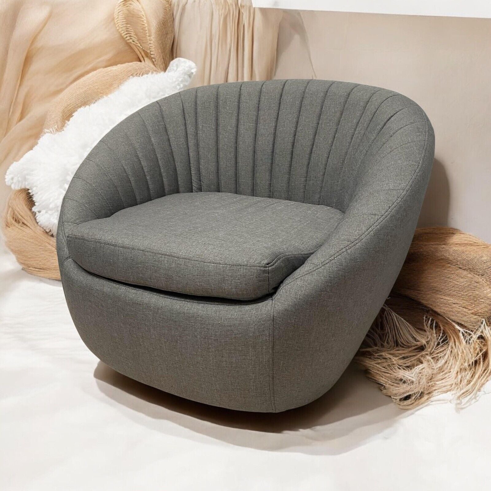 Durable Grey Linen Tub Swivel Dining Chair with Padded Seat for Bedroom, Office