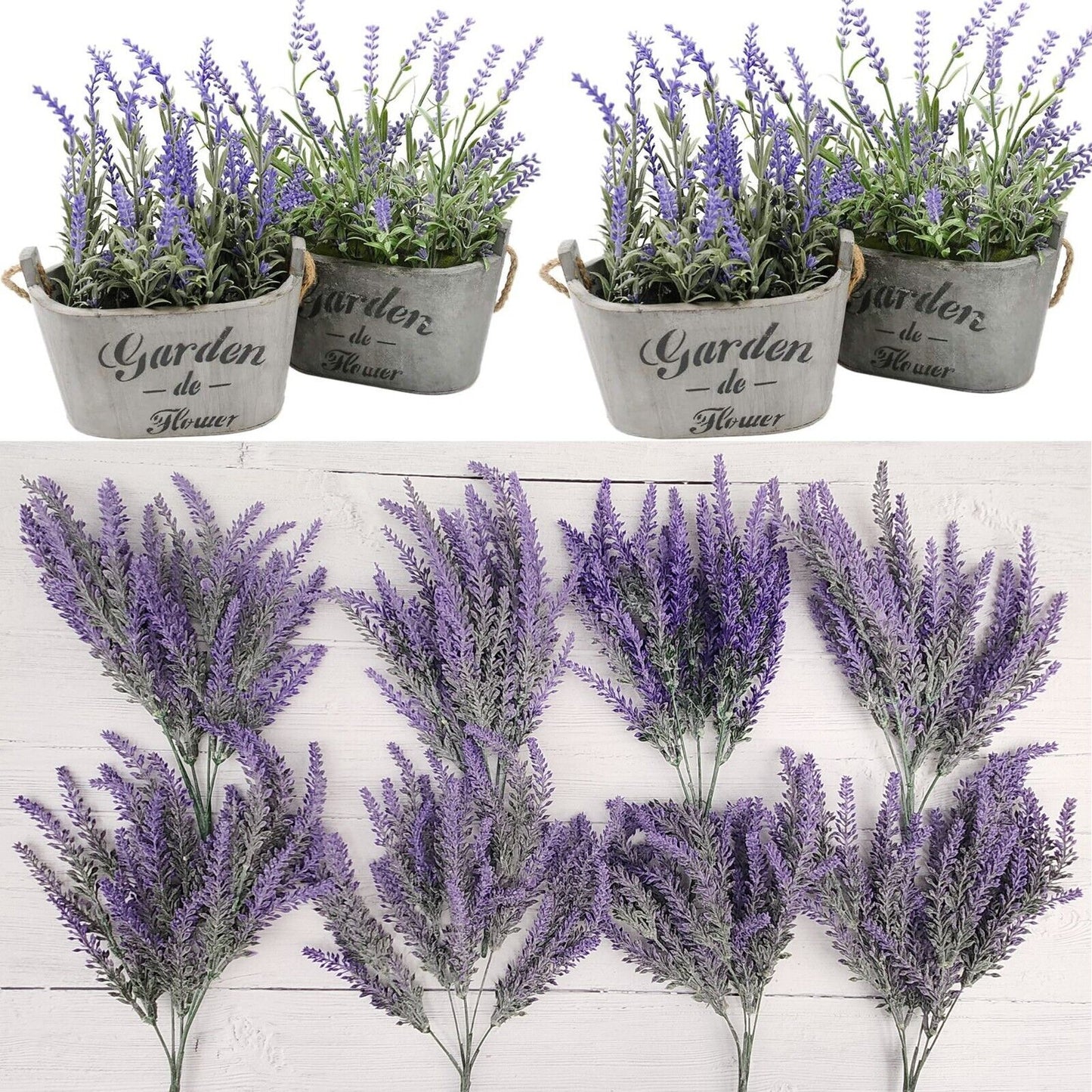 Artificial Lavender Flowers in Bundles Fake Silk Faux Lavender Plant Wooden Pots