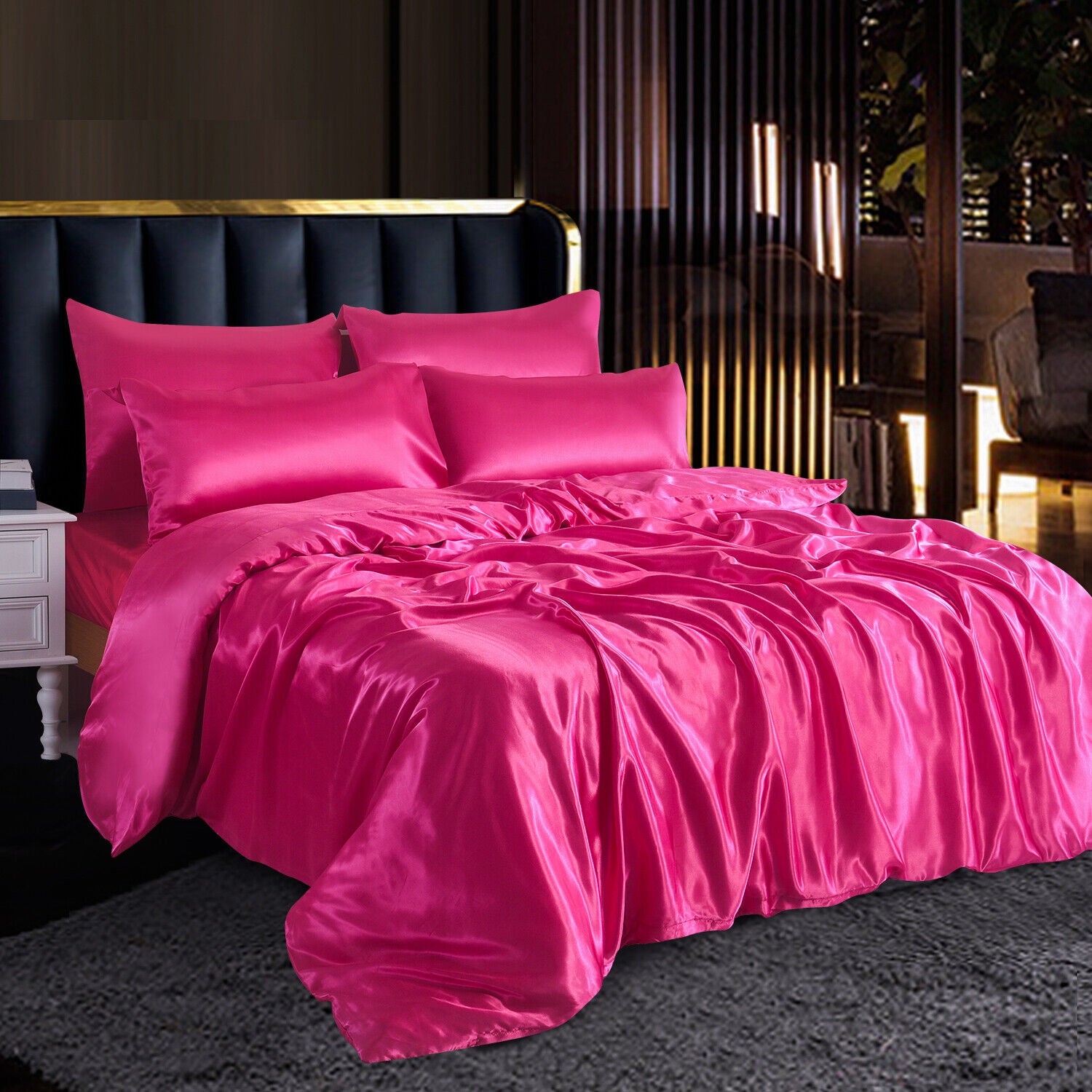 ROOEE 6PCS Satin Silk Complete Bedding Set Fitted Sheet Duvet Cover Pillow Cases