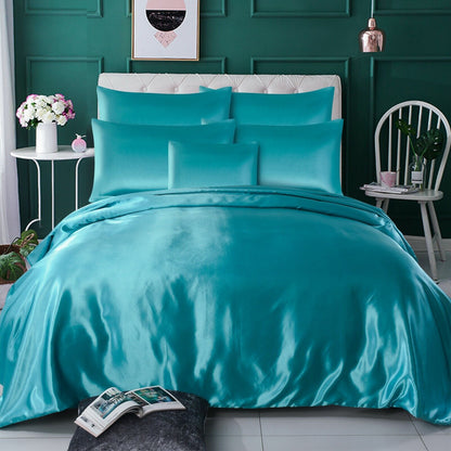 ROOEE 6PCS Satin Silk Complete Bedding Set Fitted Sheet Duvet Cover Pillow Cases