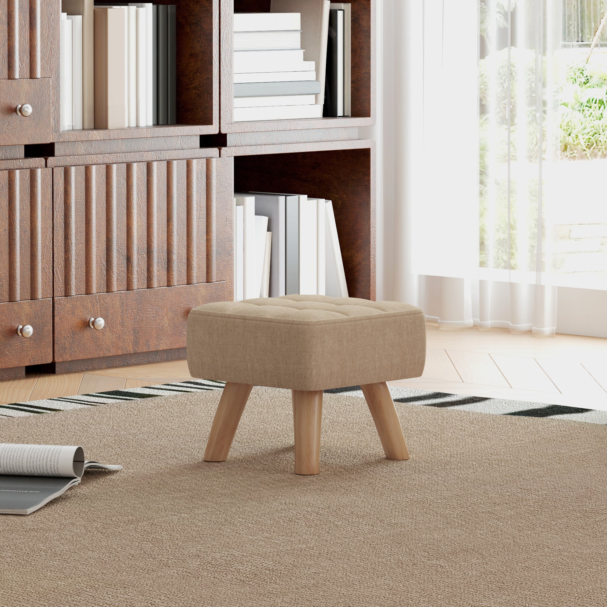 Footstool with Wood Legs, Fabric Foot Stool for Living Room, Bedroom