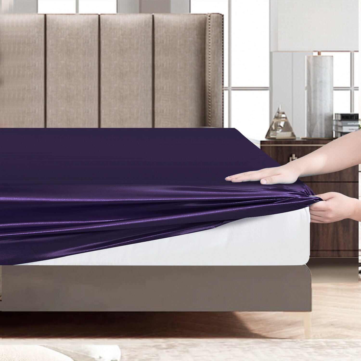 ROOEE 6PCS Satin Silk Complete Bedding Set Fitted Sheet Duvet Cover Pillow Cases