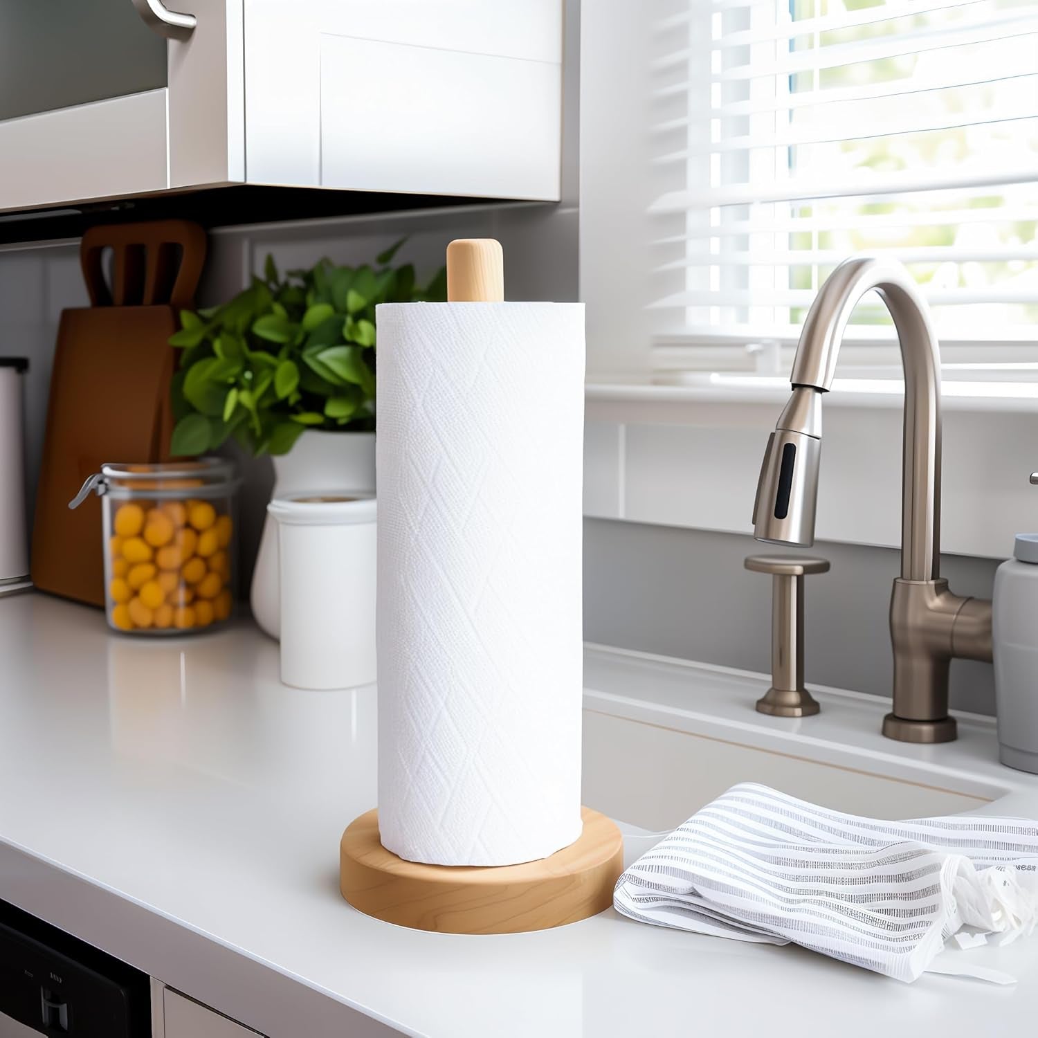 Wooden Paper Towel Holder Countertop - Solid Beechwood Paper Towel Dispenser Stand with Anti-Skid Base
