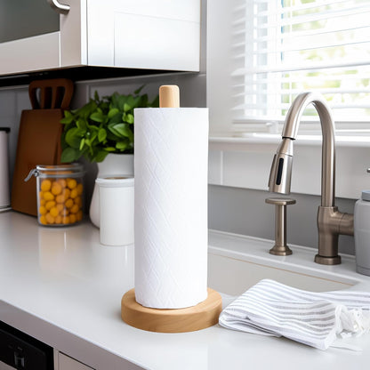Wooden Paper Towel Holder Countertop - Solid Beechwood Paper Towel Dispenser Stand with Anti-Skid Base