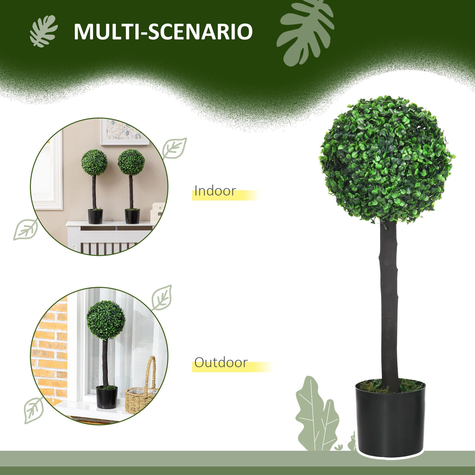 HOMCOM Set of 2 Potted Artificial Plants Boxwood Ball Trees Indoor Outdoor, 60Cm