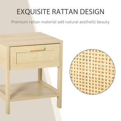Bedside Table Nightstand W/ Rattan Drawer Storage Shelf Bedroom Living Room