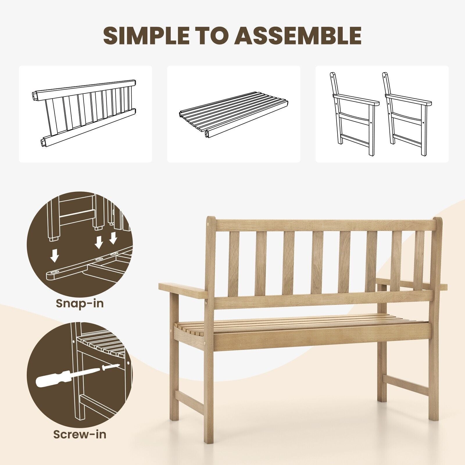 Wood Garden Bench 2-Person Patio Lounger Loveseat Slatted Seat with Backrest