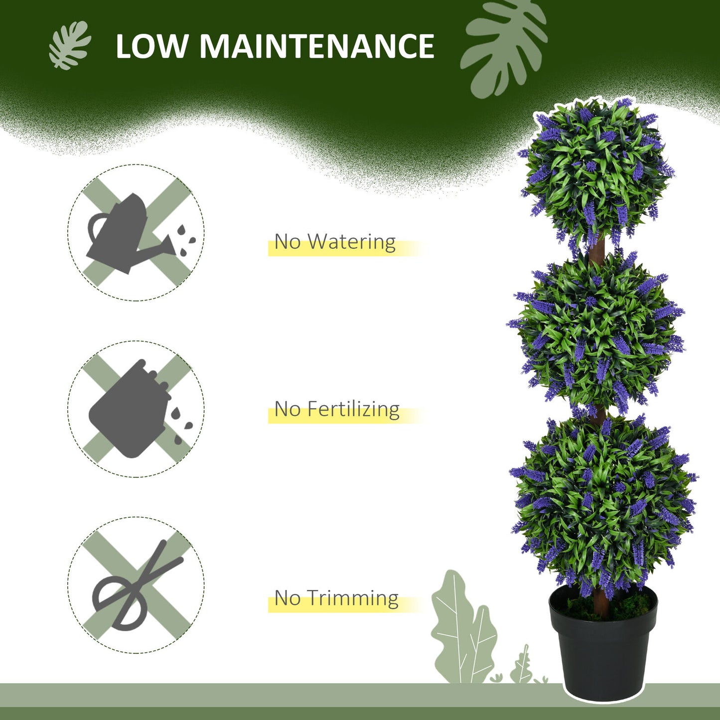 HOMCOM Set of 2 Potted Artificial Plants Ball Tree with Lavender Flowers, 110Cm