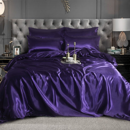 ROOEE 6PCS Satin Silk Complete Bedding Set Fitted Sheet Duvet Cover Pillow Cases