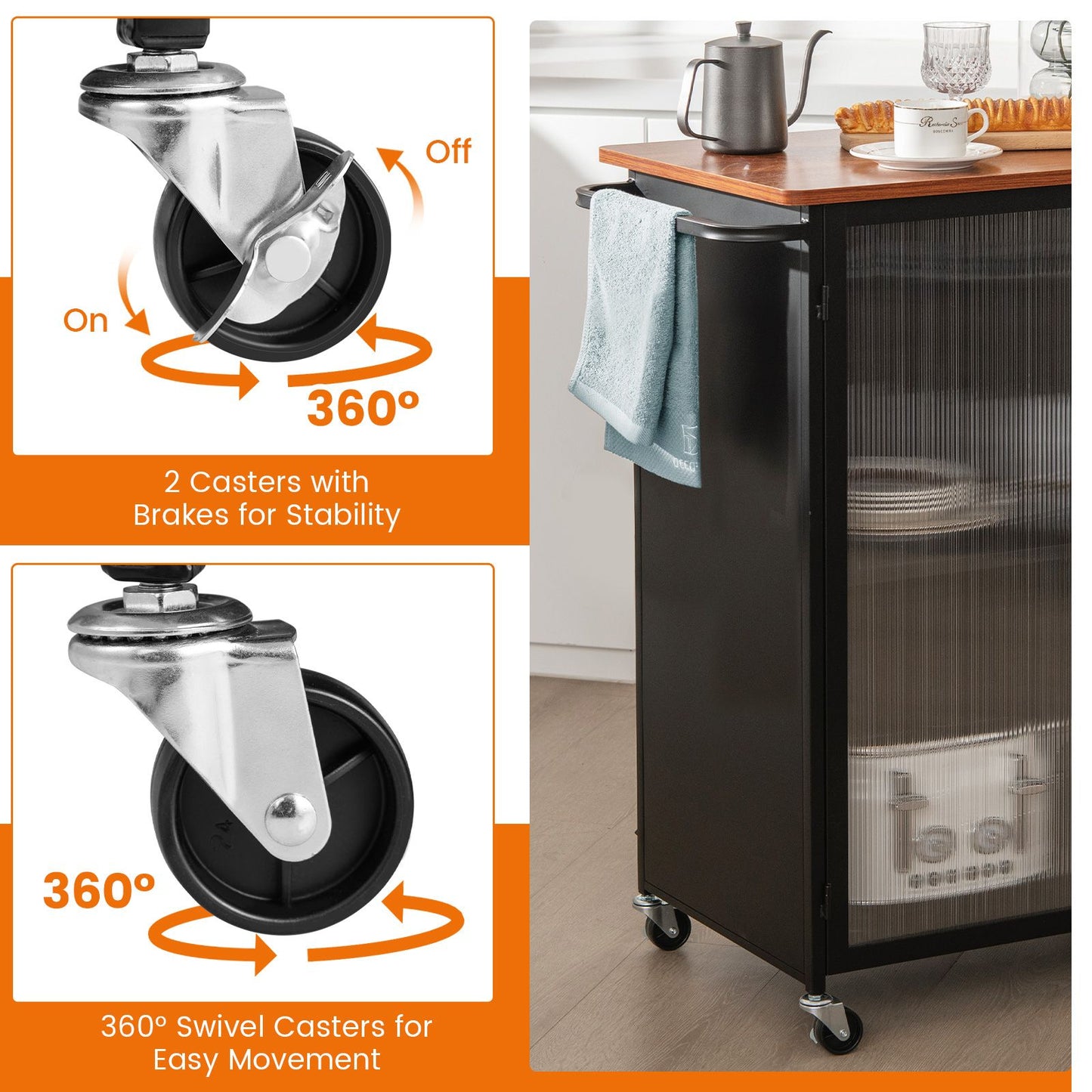 Mobile Serving Cart with Transparent Single Door Cabinet