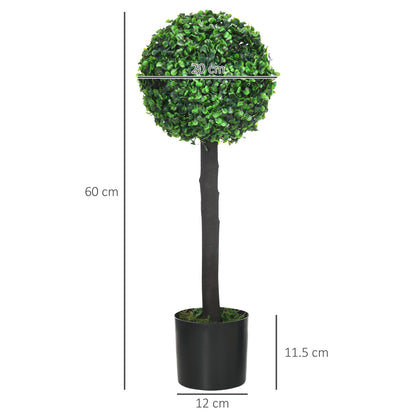 HOMCOM Set of 2 Potted Artificial Plants Boxwood Ball Trees Indoor Outdoor, 60Cm