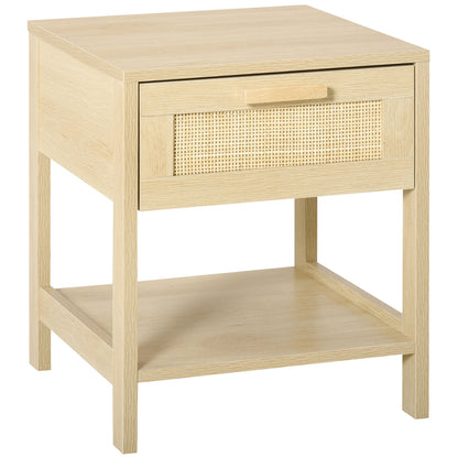 Bedside Table Nightstand W/ Rattan Drawer Storage Shelf Bedroom Living Room