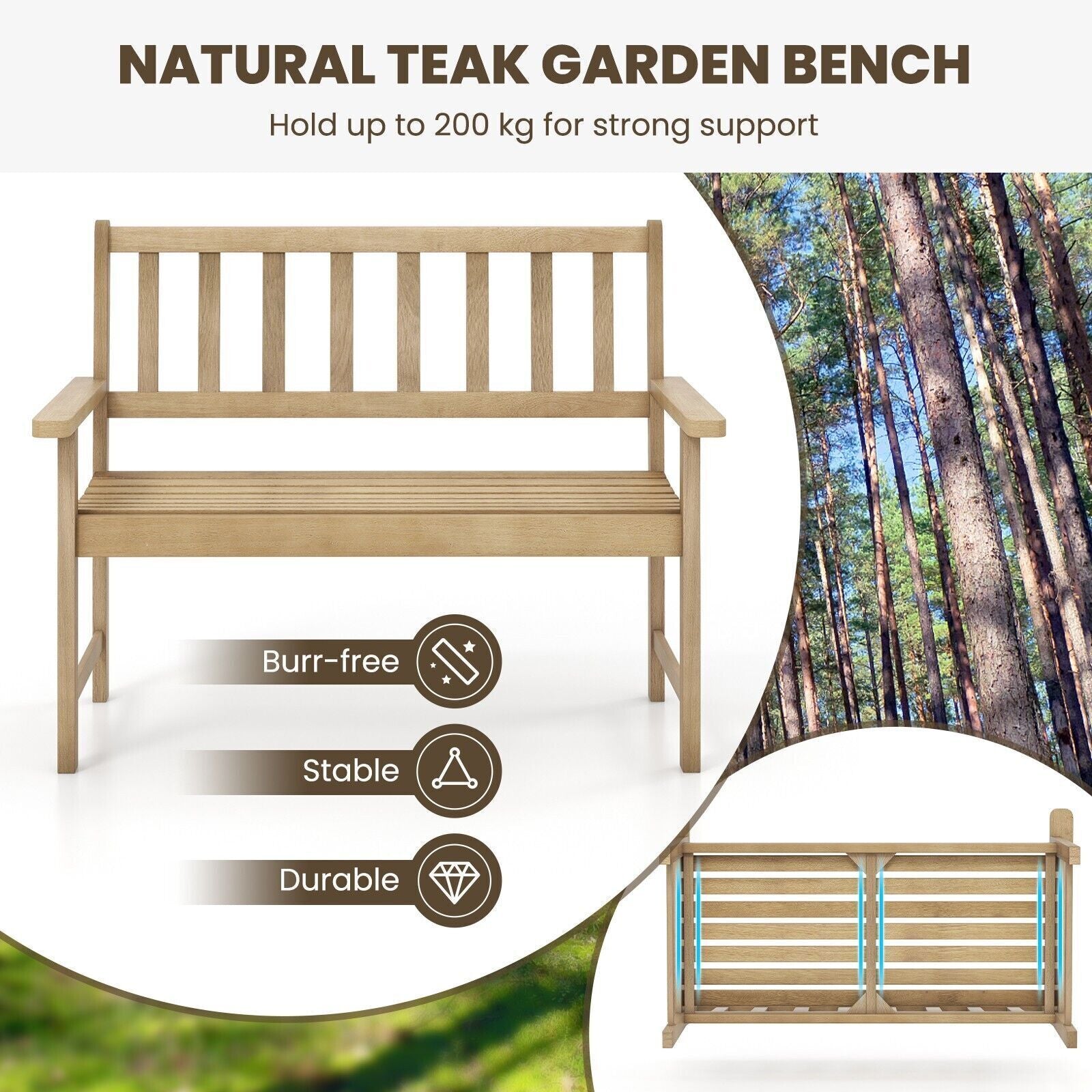 Wood Garden Bench 2-Person Patio Lounger Loveseat Slatted Seat with Backrest