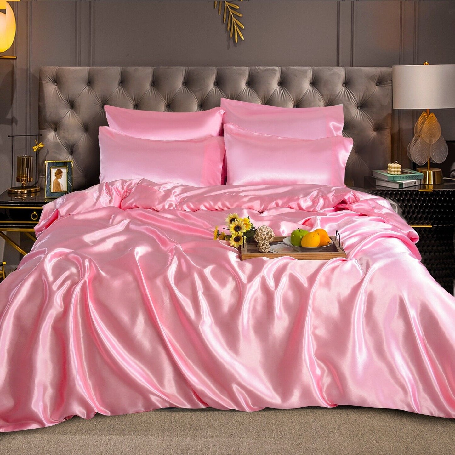 ROOEE 6PCS Satin Silk Complete Bedding Set Fitted Sheet Duvet Cover Pillow Cases