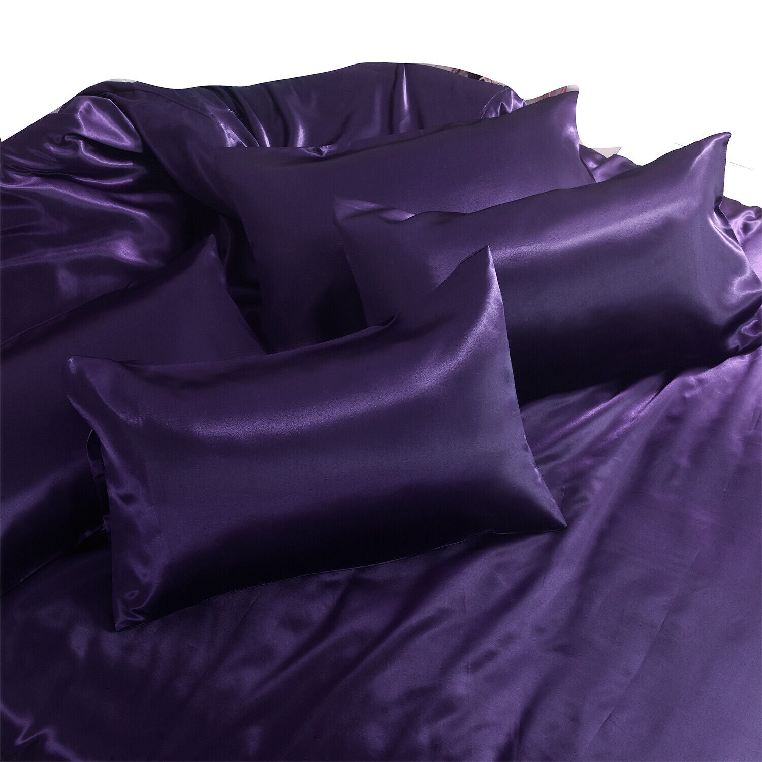 ROOEE 6PCS Satin Silk Complete Bedding Set Fitted Sheet Duvet Cover Pillow Cases