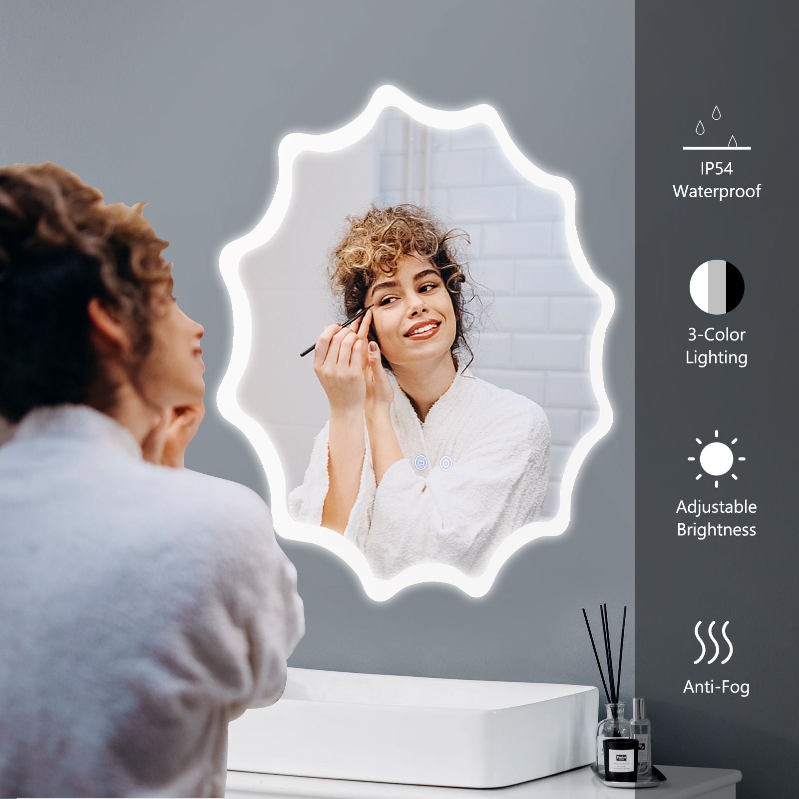 60 X 60 Cm LED Waved Edge round Wall Mirror with 3-Color Lights