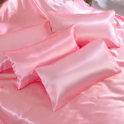 ROOEE 6PCS Satin Silk Complete Bedding Set Fitted Sheet Duvet Cover Pillow Cases