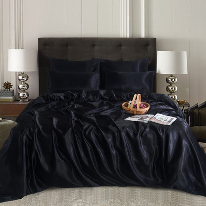 ROOEE 6PCS Satin Silk Complete Bedding Set Fitted Sheet Duvet Cover Pillow Cases