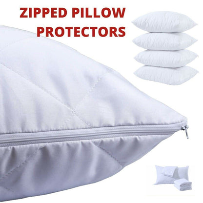 Pack of 4 Zipped WATERPROOF QUILTED Pillow Protectors Hypoallergenic Soft Covers