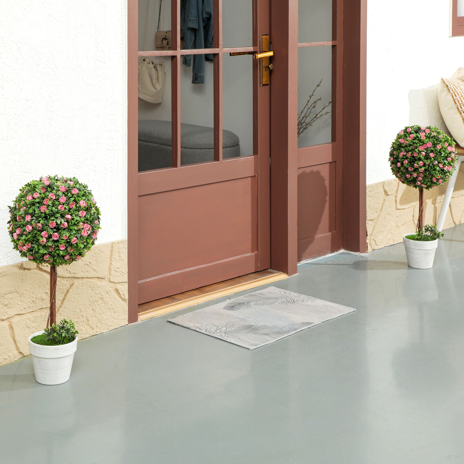 HOMCOM Set of 2 Artificial Plants with Rose Flower in Pot, 60Cm, Pink