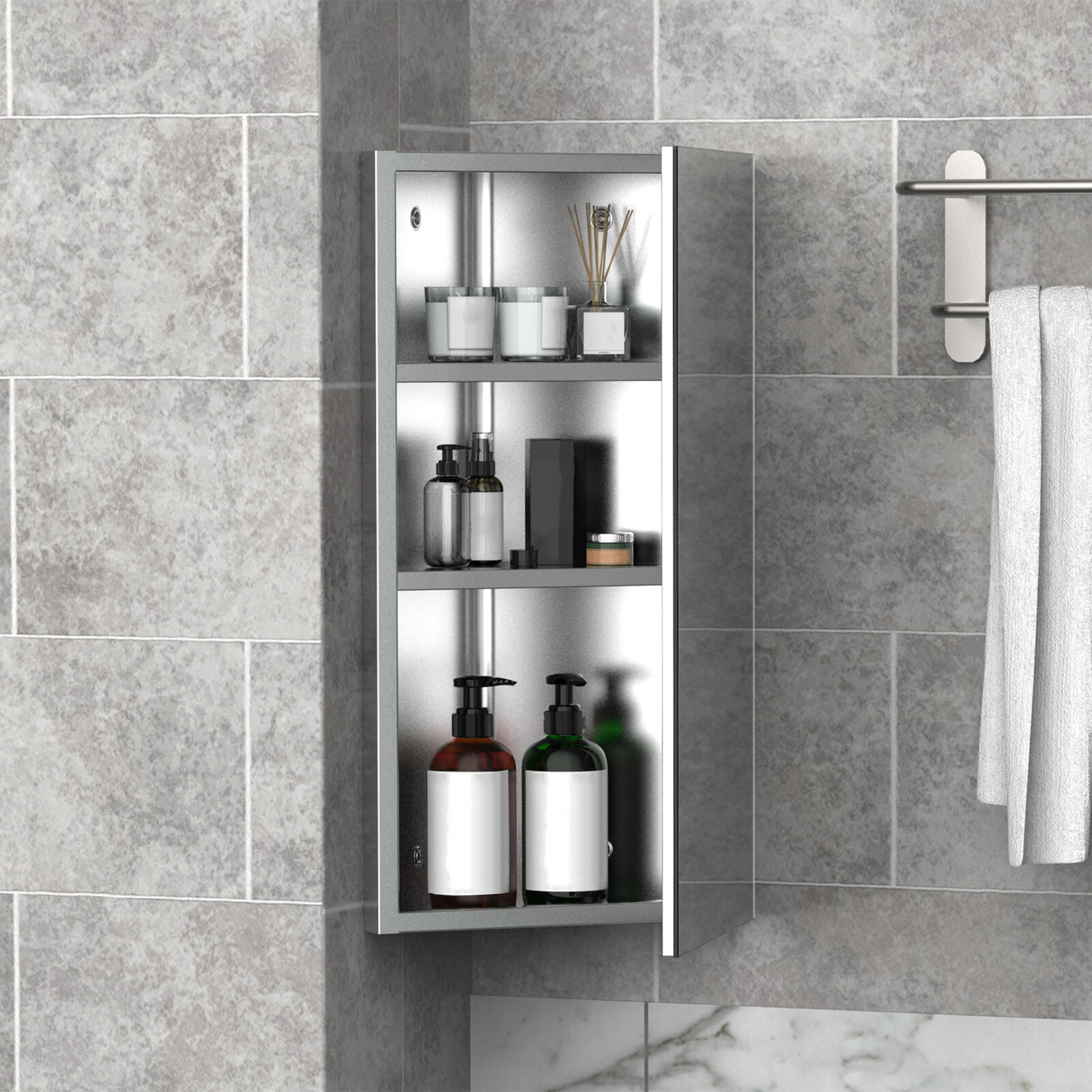 HOMCOM Bathroom Corner Wall Mirror Storage Cabinet Cupboard Stainless Steel
