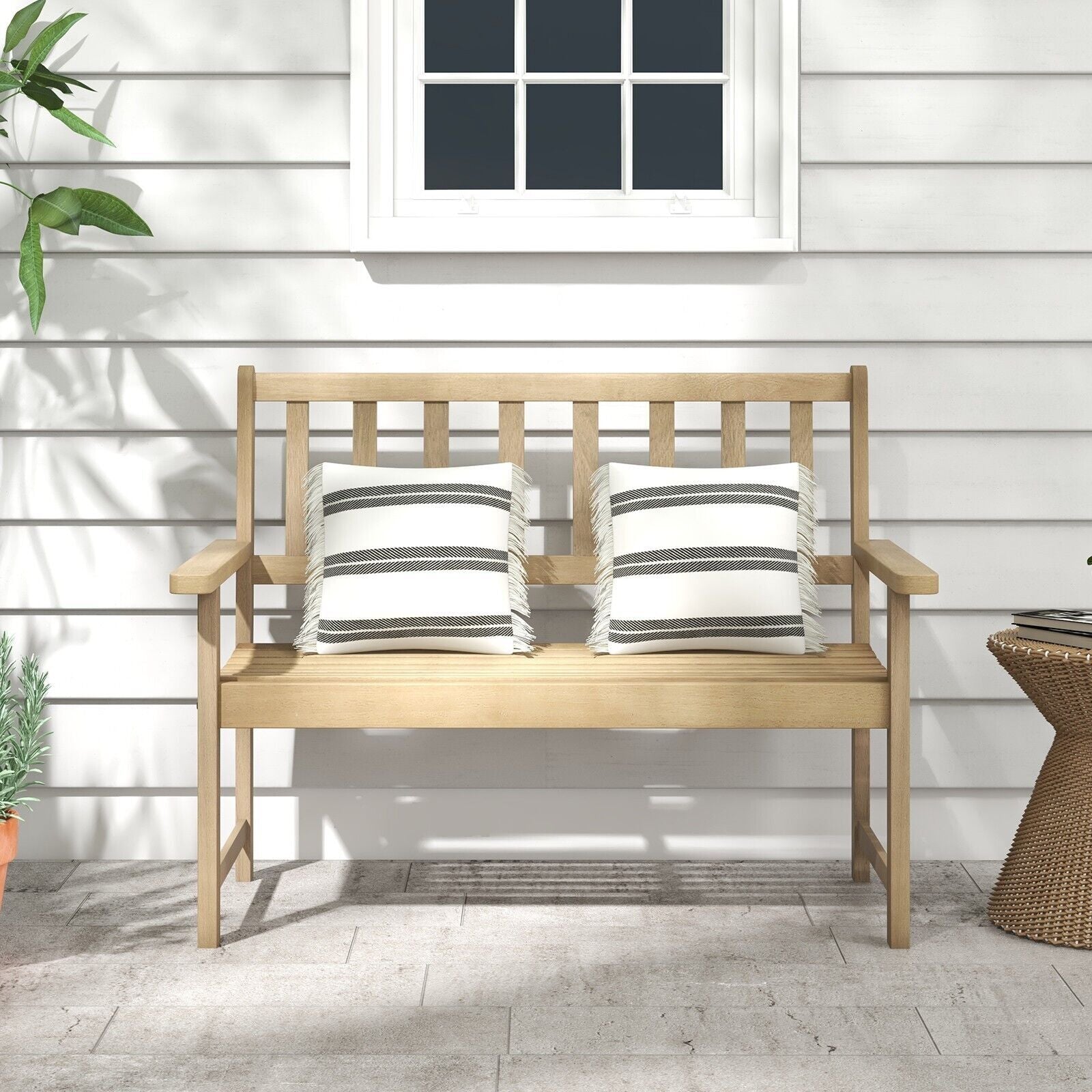 Wood Garden Bench 2-Person Patio Lounger Loveseat Slatted Seat with Backrest