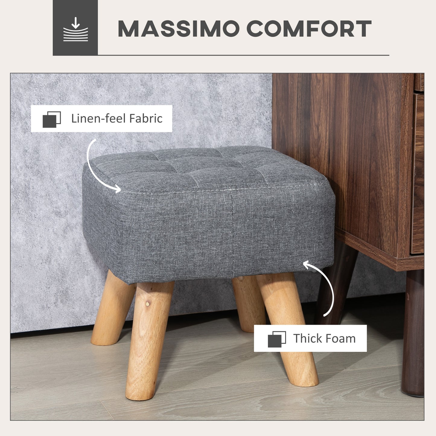 Footstool with Wood Legs, Fabric Foot Stool for Living Room, Bedroom
