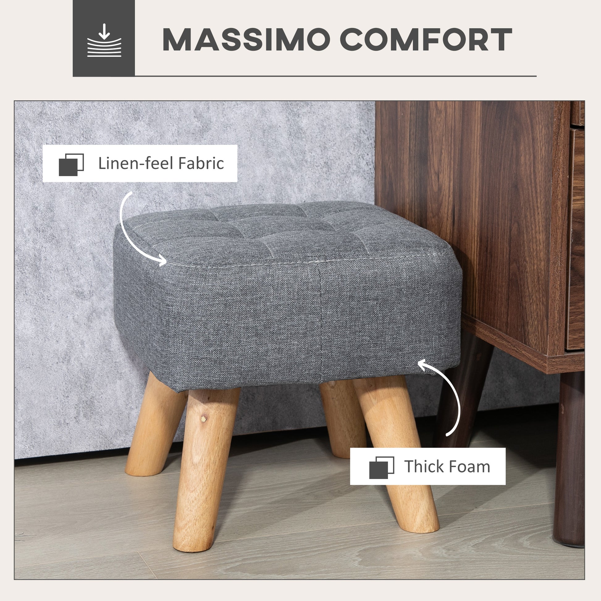 Footstool with Wood Legs, Fabric Foot Stool for Living Room, Bedroom