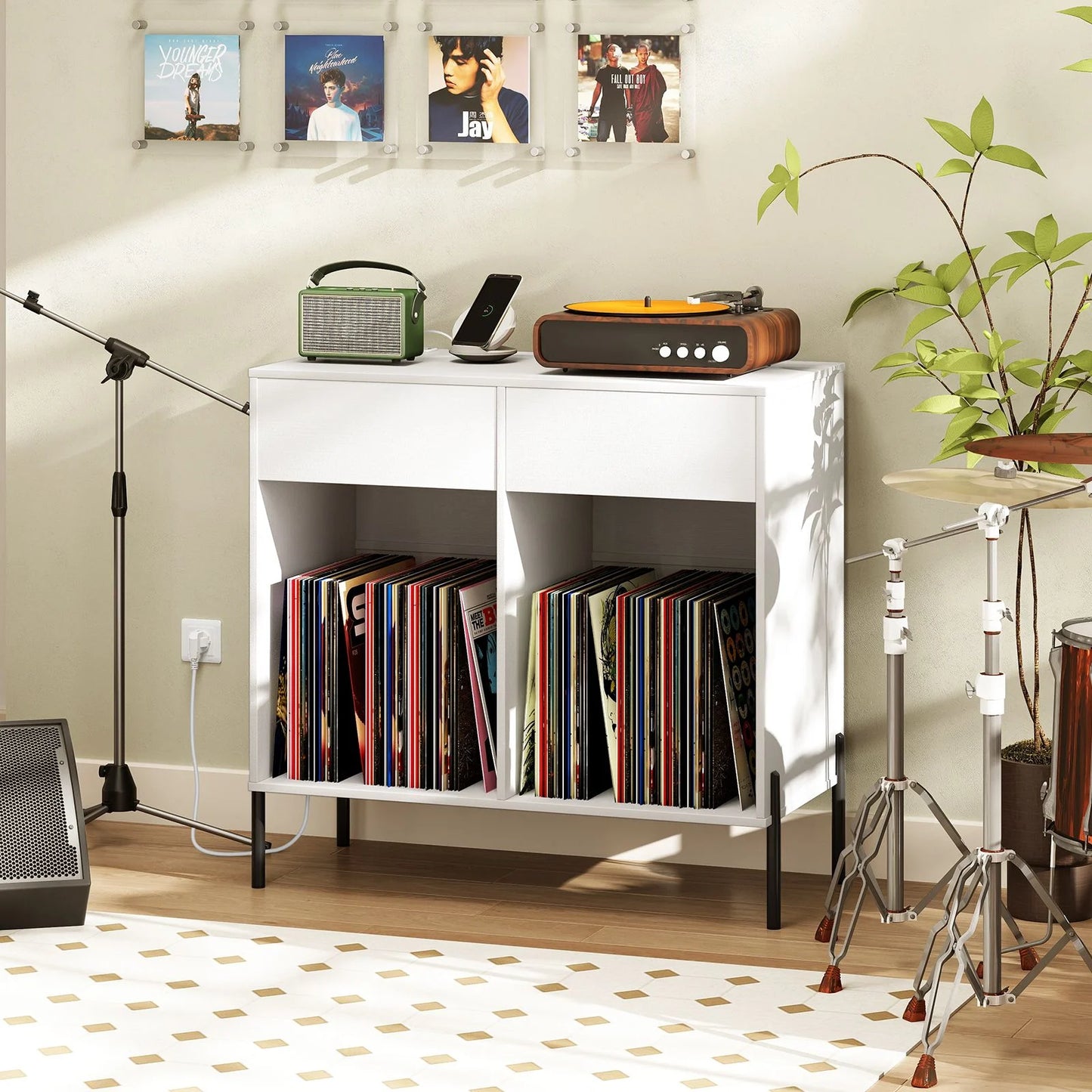 Record Player Stand with Power Outlets and Drawers for Living Room